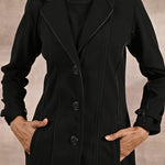 Black Brushed Wool Long Sleeve Coat with Leather Piping - Lakshita