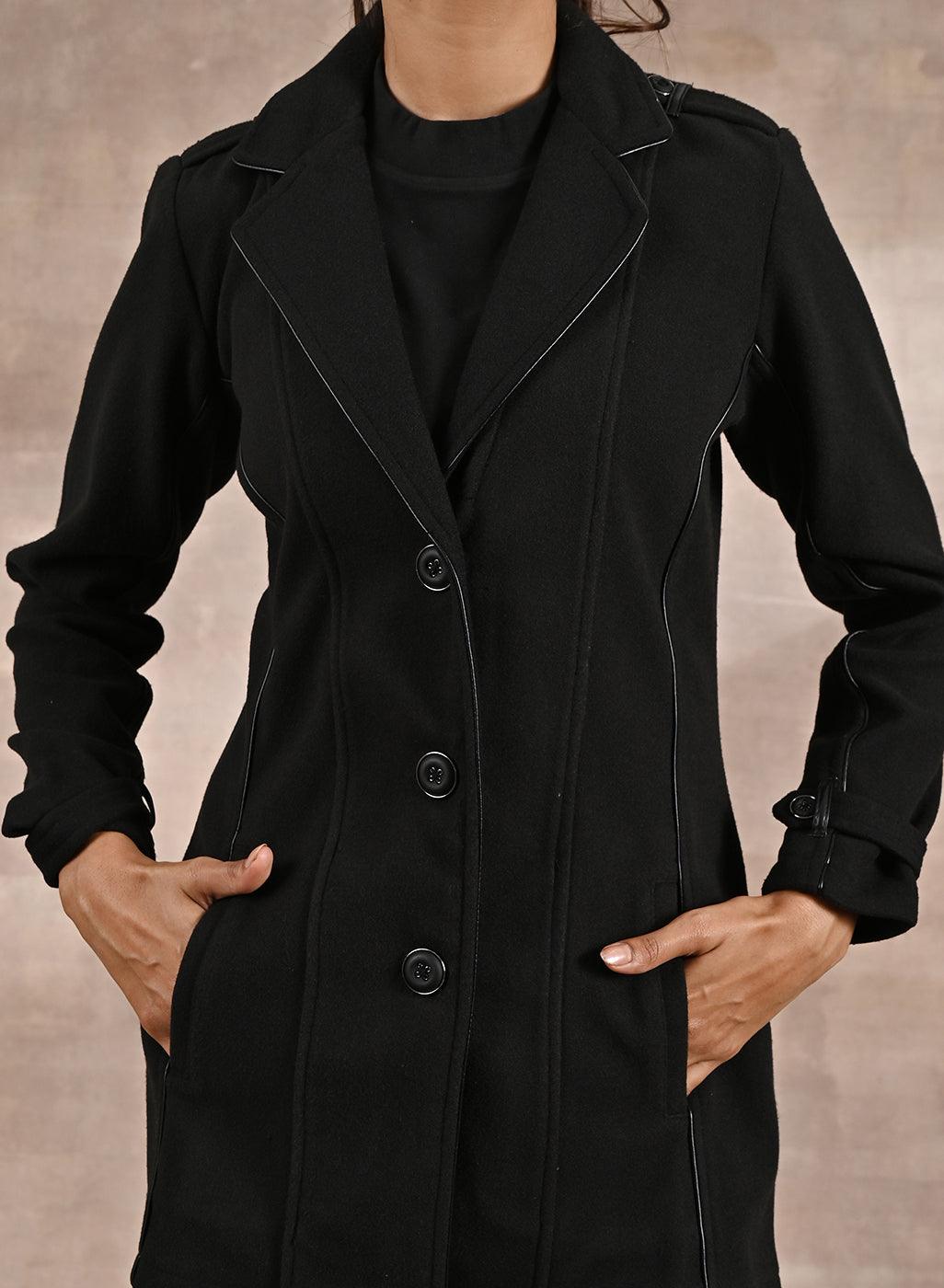 Black Brushed Wool Long Sleeve Coat with Leather Piping - Lakshita