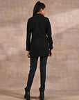 Black Brushed Wool Long Sleeve Coat with Leather Piping - Lakshita