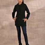 Black Brushed Wool Long Sleeve Coat with Leather Piping - Lakshita
