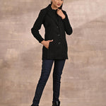Black Brushed Wool Long Sleeve Coat with Leather Piping - Lakshita