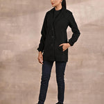 Black Brushed Wool Long Sleeve Coat with Leather Piping - Lakshita