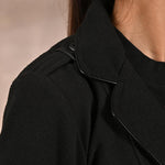 Black Brushed Wool Long Sleeve Coat with Leather Piping - Lakshita