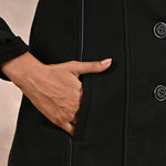 Black Brushed Wool Long Sleeve Coat with Leather Piping - Lakshita