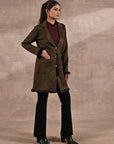 Olive Long Belted Trench Coat with Fur Detailing - Lakshita