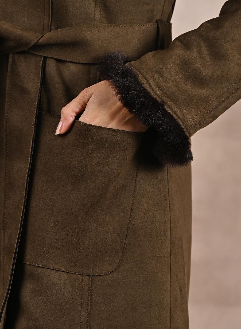 Olive Long Belted Trench Coat with Fur Detailing - Lakshita