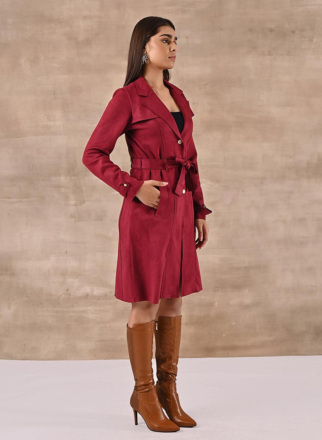 Red Long Over Coat with Notch collar and Slant Pockets - Lakshita
