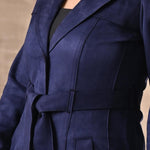 Navy Blue Long Over Coat with Notch collar and Slant Pockets - Lakshita