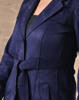 Navy Blue Long Over Coat with Notch collar and Slant Pockets - Lakshita