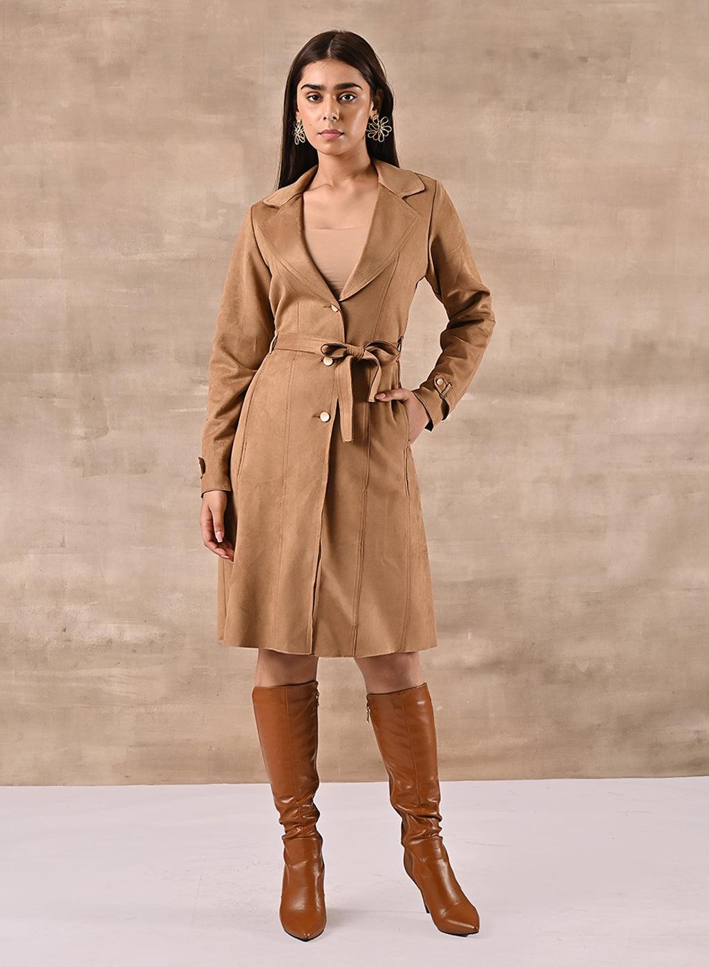 Gold Long Over Coat with Notch collar and Slant Pockets - Lakshita