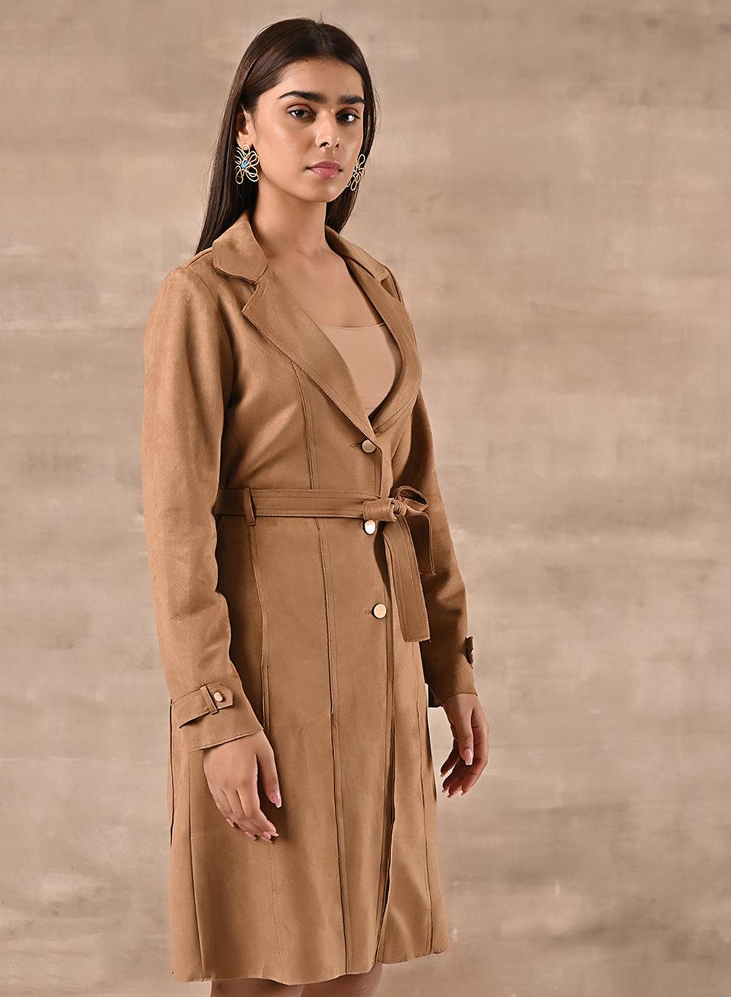 Gold Long Over Coat with Notch collar and Slant Pockets - Lakshita