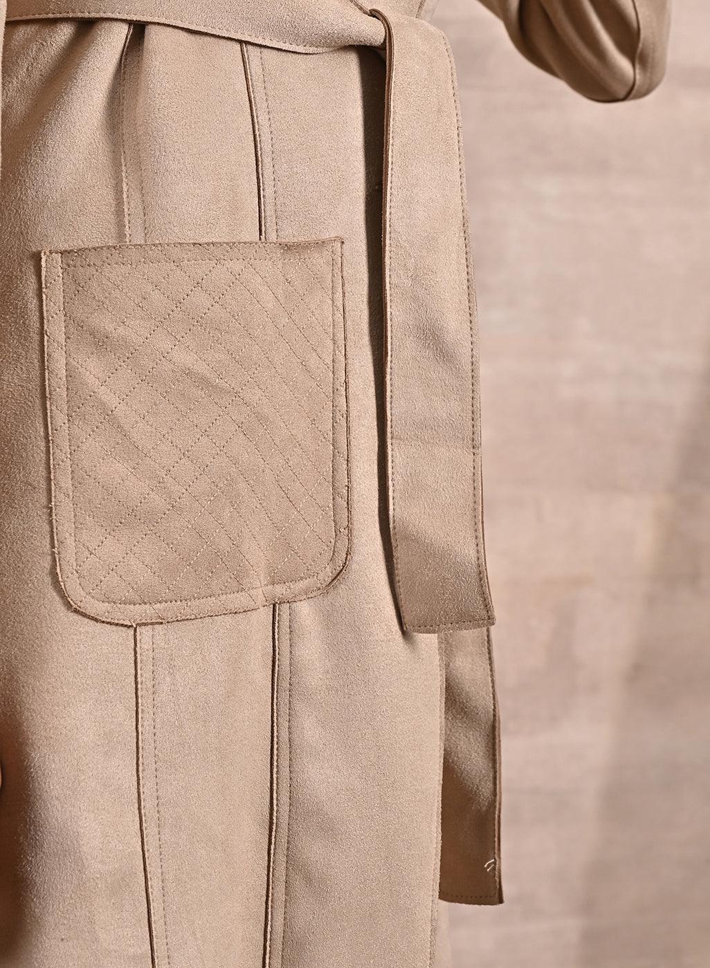 Ivory Stylish Suede Coat with Front Pocket &amp; Notched Collar - Lakshita