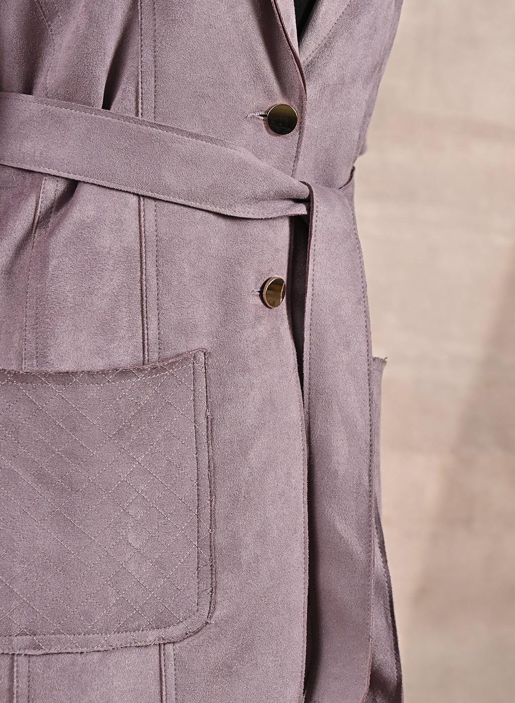 Lavender Suede Coat with Front Pocket &amp; Notched Collar - Lakshita