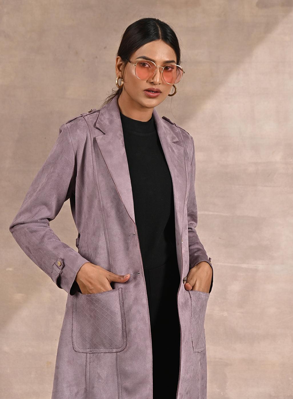 Lavender Suede Coat with Front Pocket &amp; Notched Collar - Lakshita