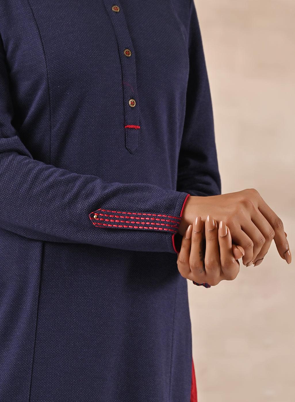 Blue Long Knitted Denim Kurti with Embroidery - Lakshita