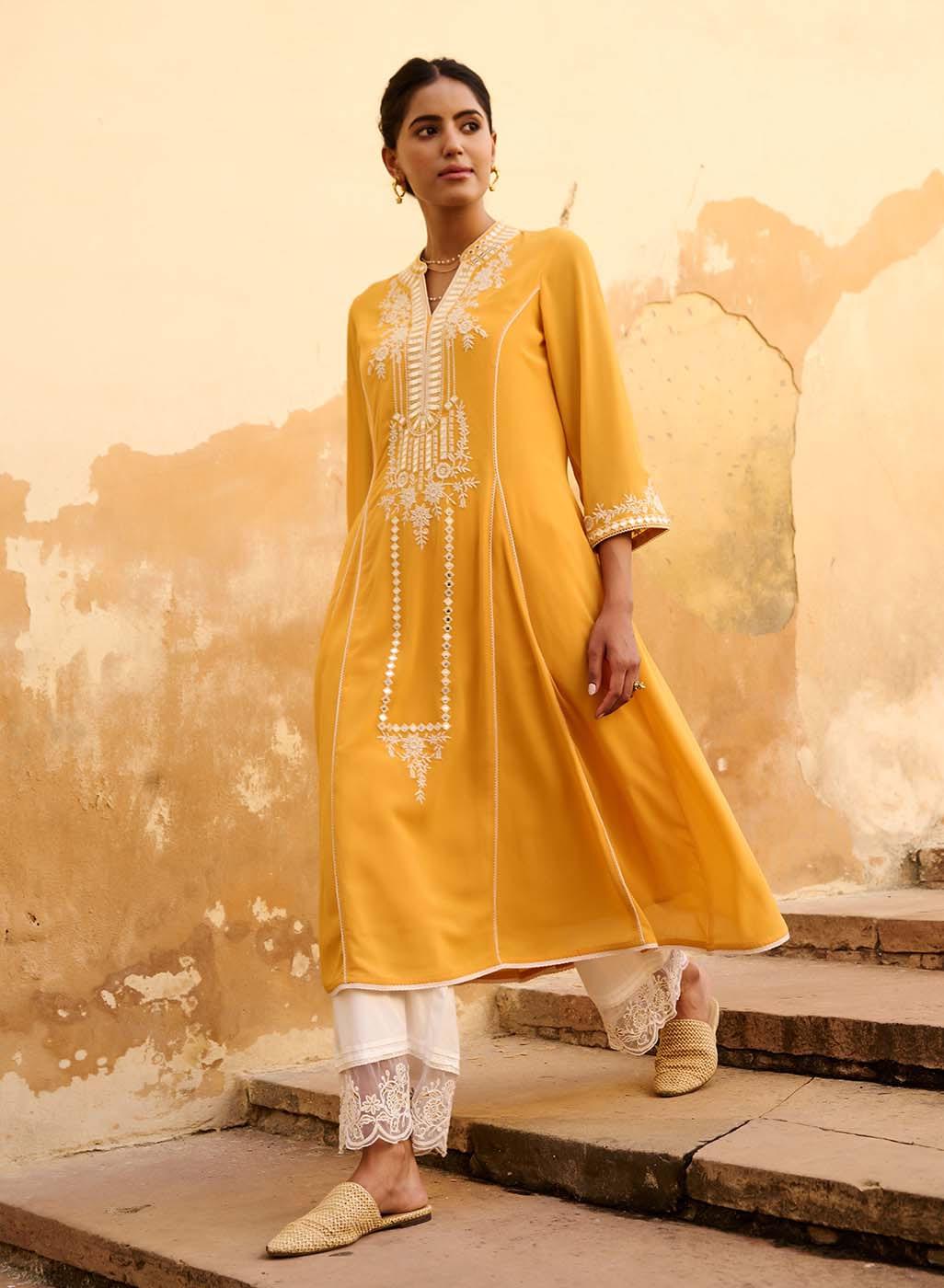 Buy DEEBACO Women's Rayon Gathered Kurta and Pant Set with Dupatta|Ethnic  Wear|Knee Length Kurti|3/4 Sleeve|V-Neck|Traditional Suit for Ladies ( Mustard) at Amazon.in