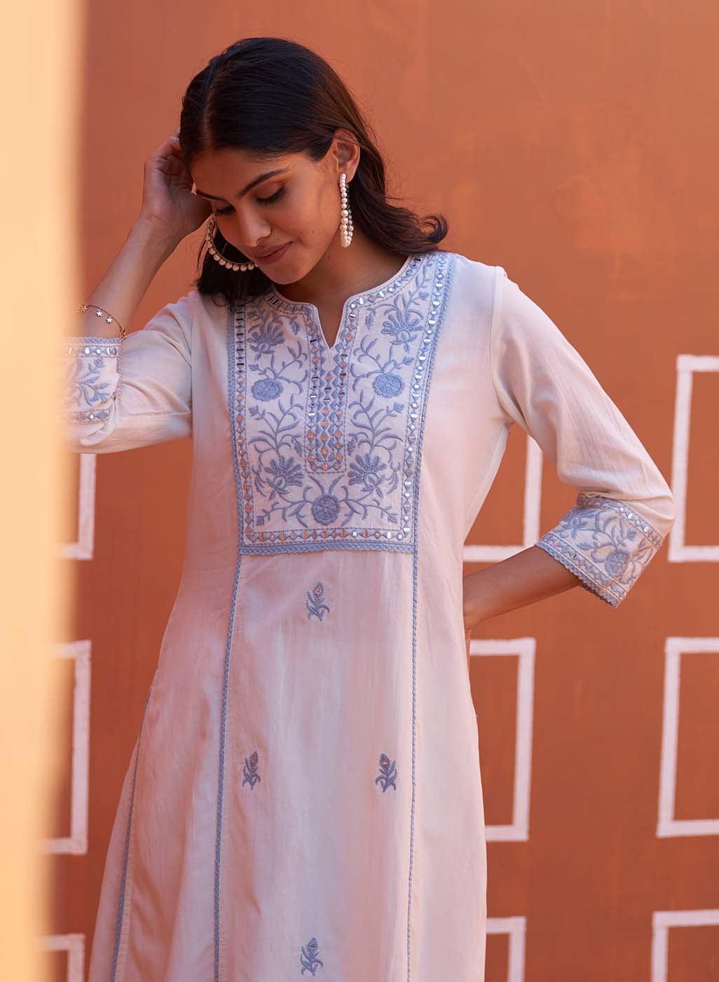 White A Line Embroidered Kurta with 3/4th Sleeves - Lakshita