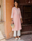 Peach A Line Embroidered Kurta with 3/4th Sleeves - Lakshita