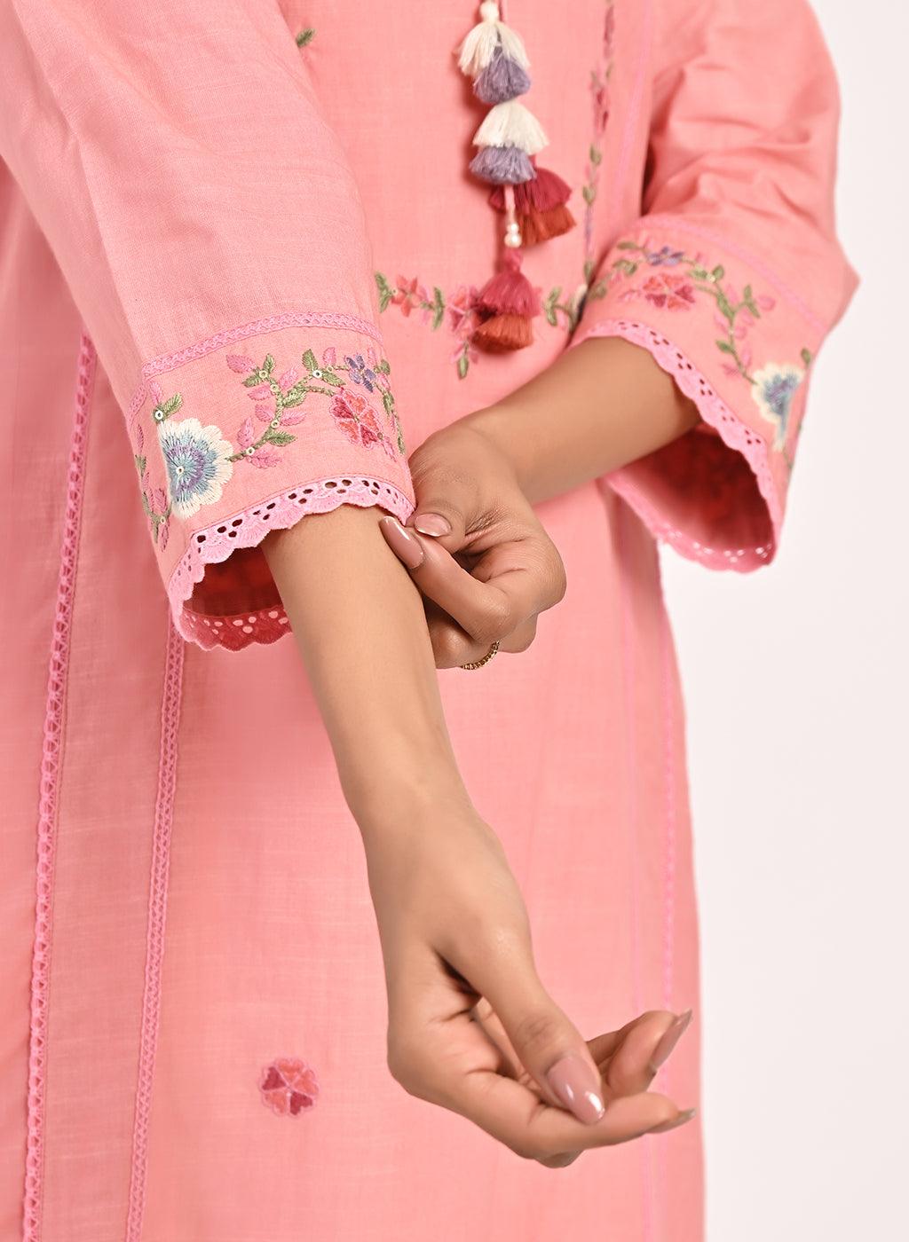 Pink Embroidered Straight-fit Cotton Co-ord Set - Lakshita