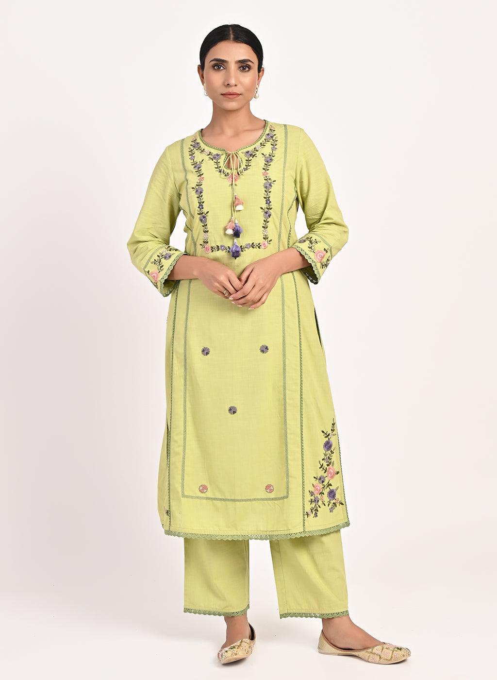 Green Embroidered Straight-fit Cotton Co-ord Set - Lakshita