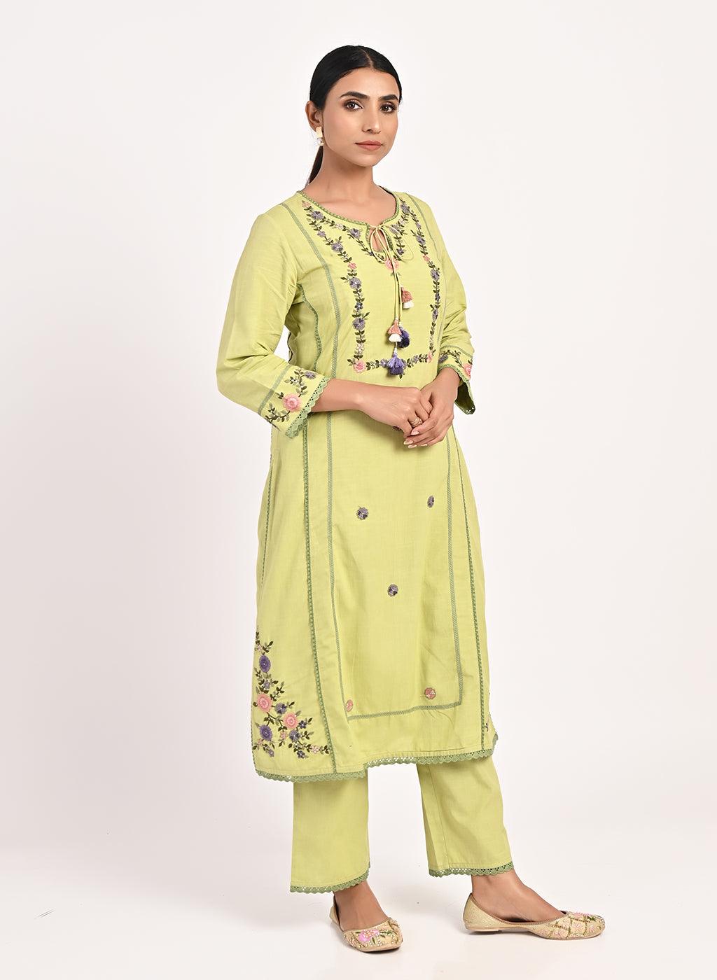 Green Embroidered Straight-fit Cotton Co-ord Set - Lakshita