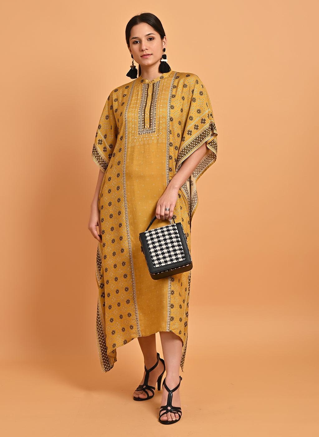 Spicy Mustard Printed Straight Kaftan - Lakshita