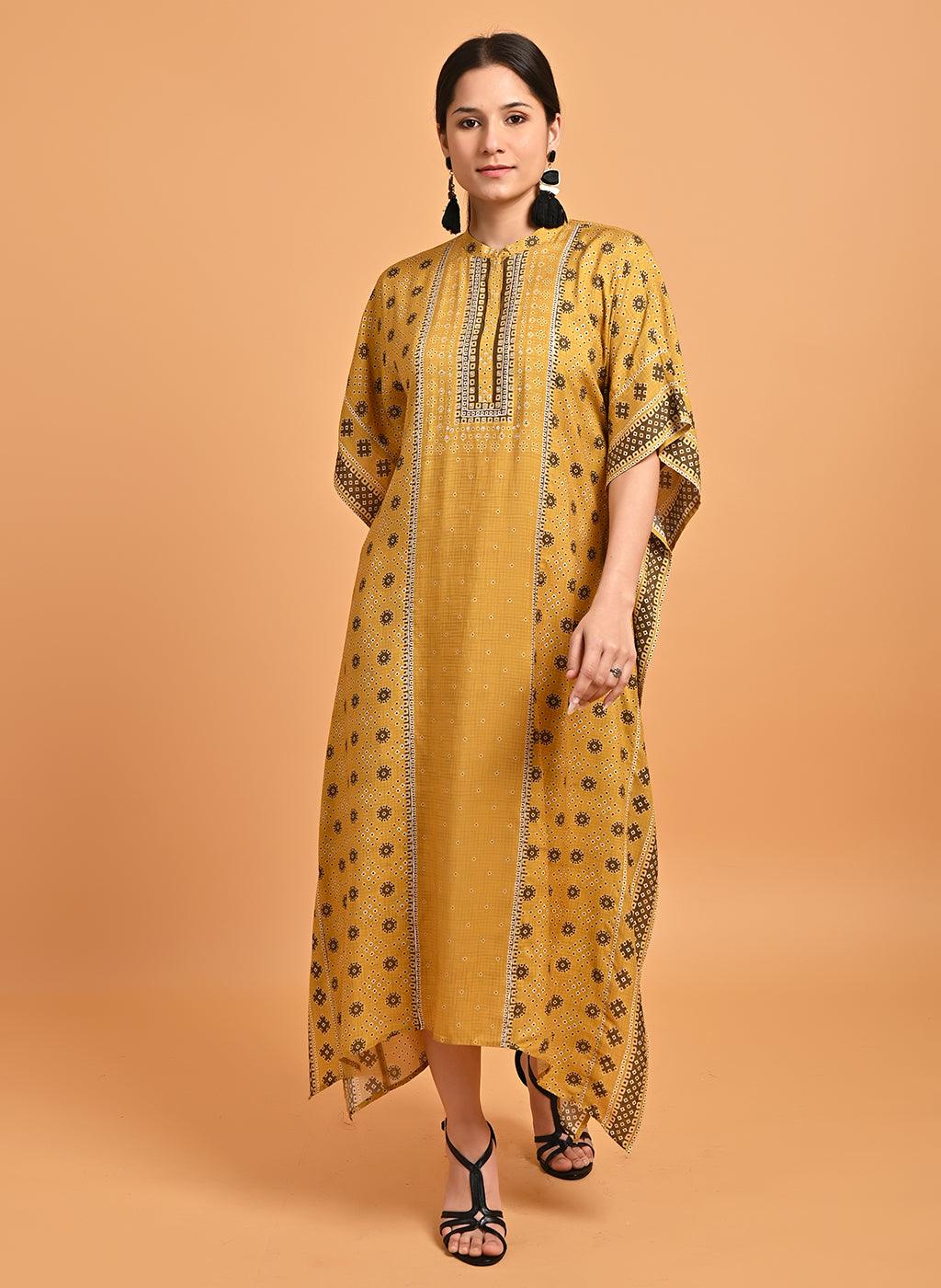 Spicy Mustard Printed Straight Kaftan - Lakshita