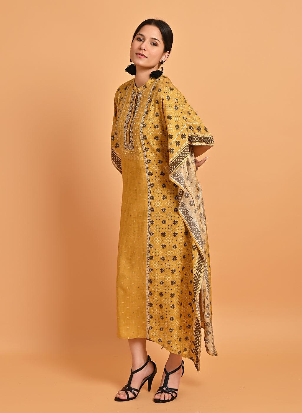 Spicy Mustard Printed Straight Kaftan - Lakshita