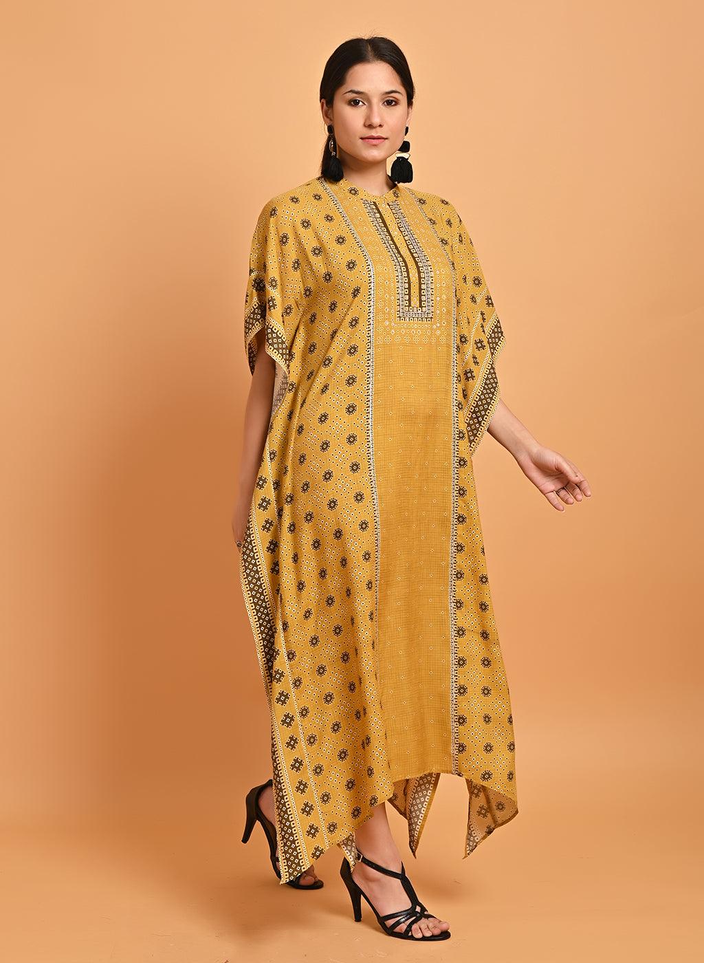 Spicy Mustard Printed Straight Kaftan - Lakshita