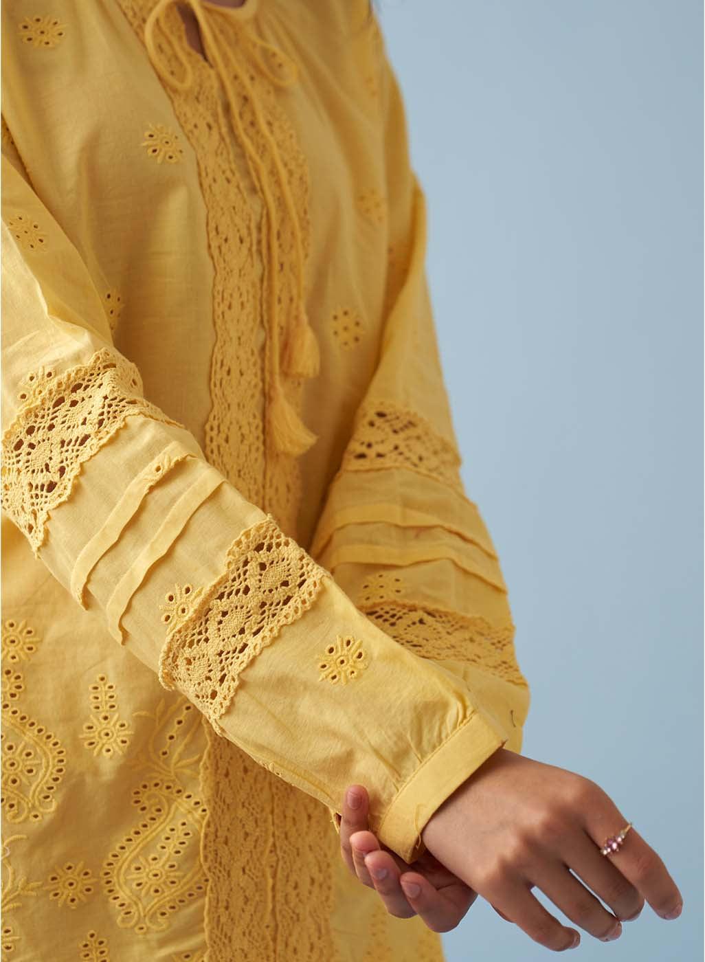Yellow Schiffli Embroidered Top with Lace Insert - Lakshita