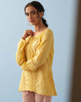 Yellow Schiffli Embroidered Top with Lace Insert - Lakshita