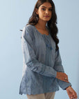 Blue Schiffli Embroidered Top with Lace Insert - Lakshita