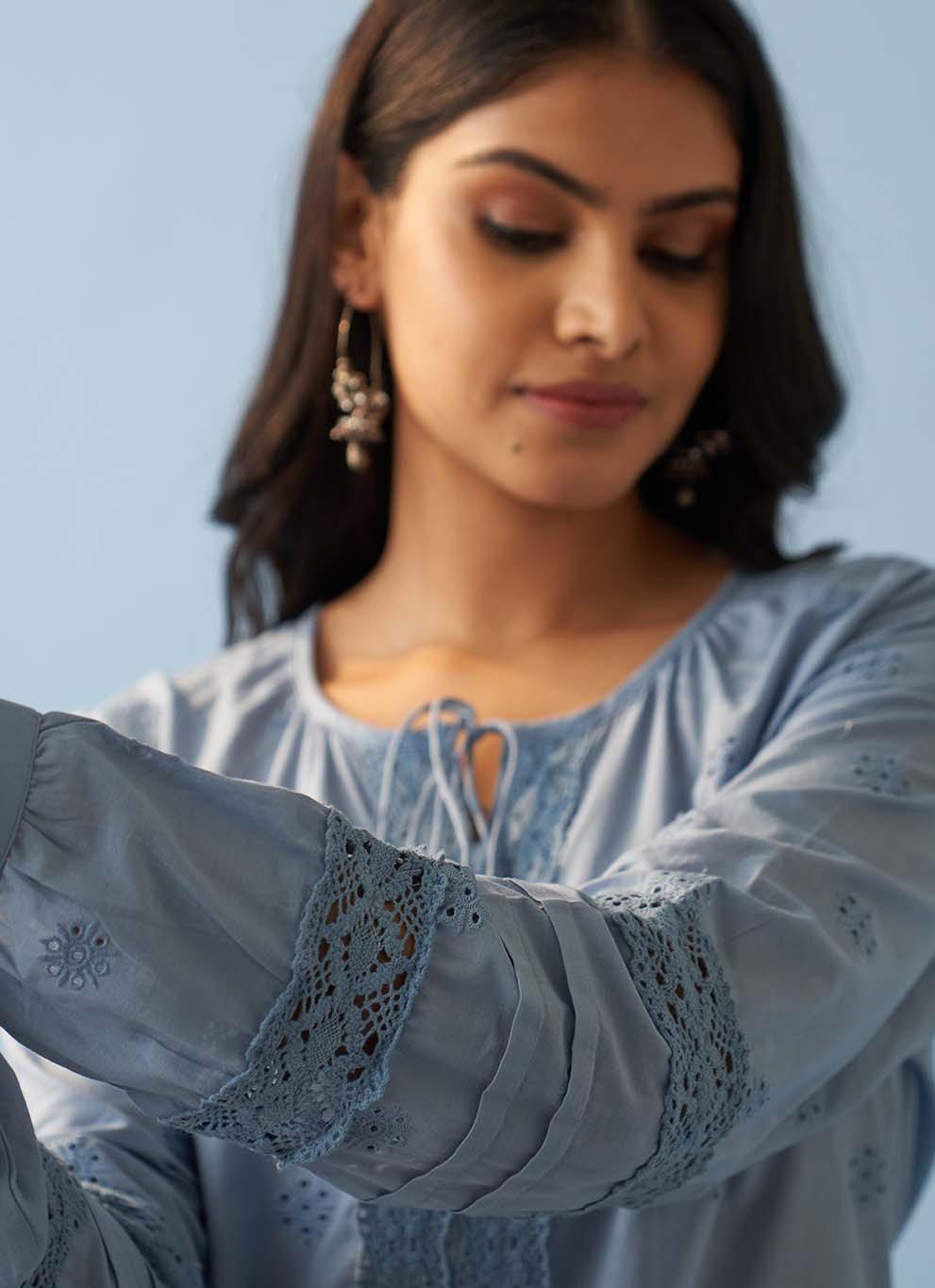 Blue Schiffli Embroidered Top with Lace Insert - Lakshita