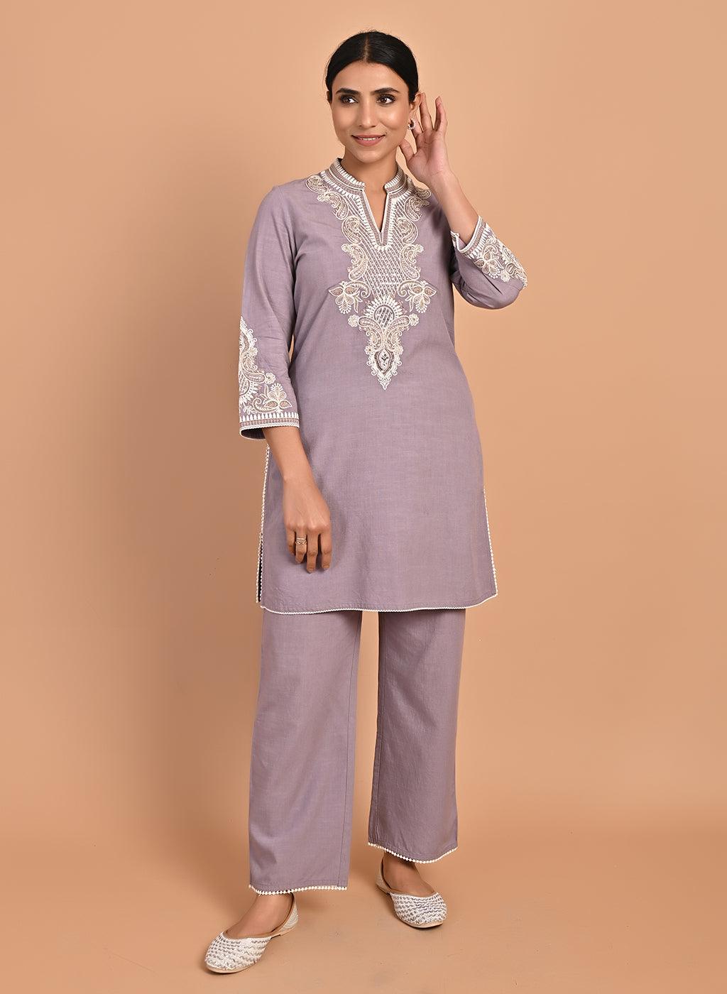Lavender A-line Embroidered Georgette Kurta Set for Women - Lakshita