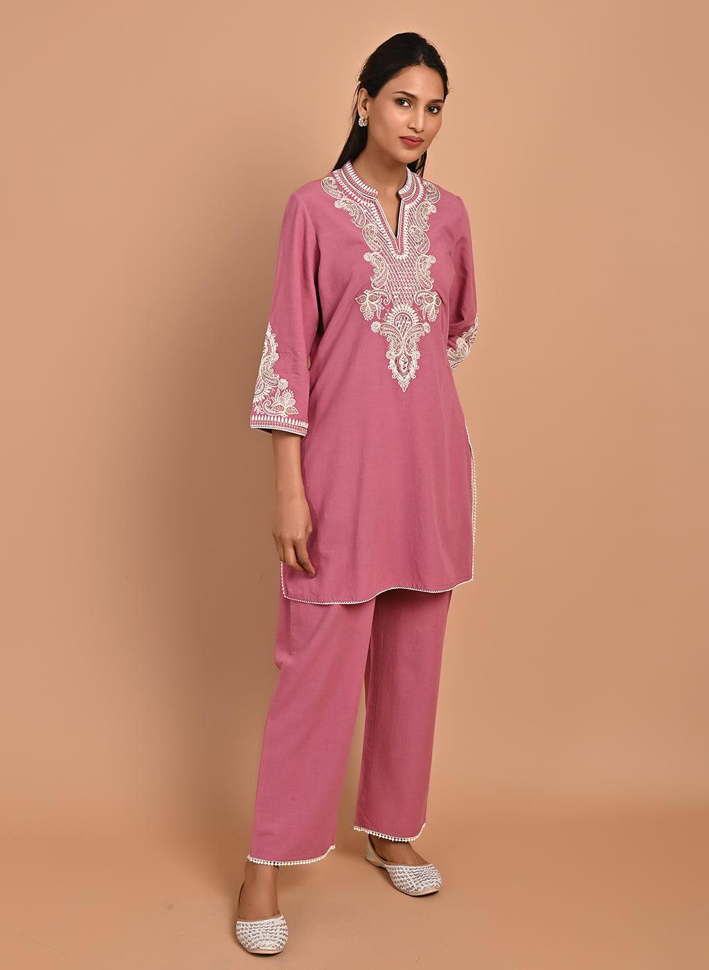 Dry Rose A-line Embroidered Georgette Kurta Set for Women - Lakshita
