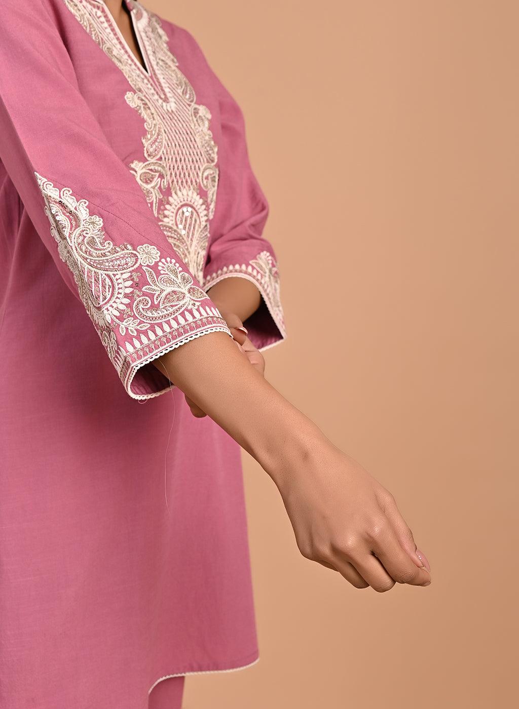 Dry Rose A-line Embroidered Georgette Kurta Set for Women - Lakshita