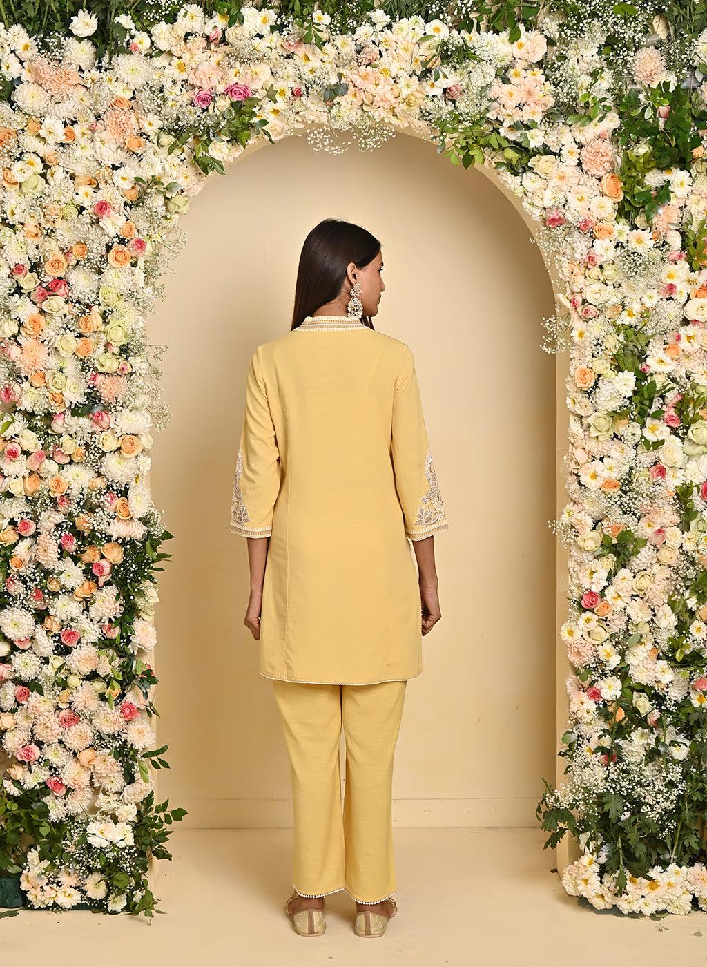 Yellow A-line Embroidered Georgette Kurta Set for Women - Lakshita