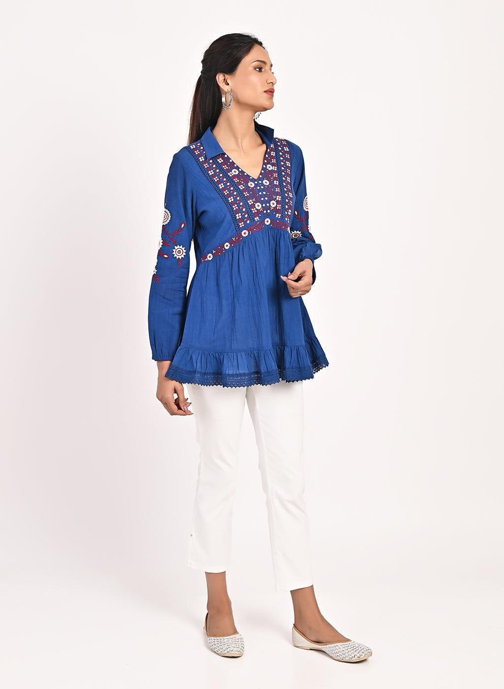 Blue Thigh-length Boho Top with Collar and Full Sleeves - Lakshita