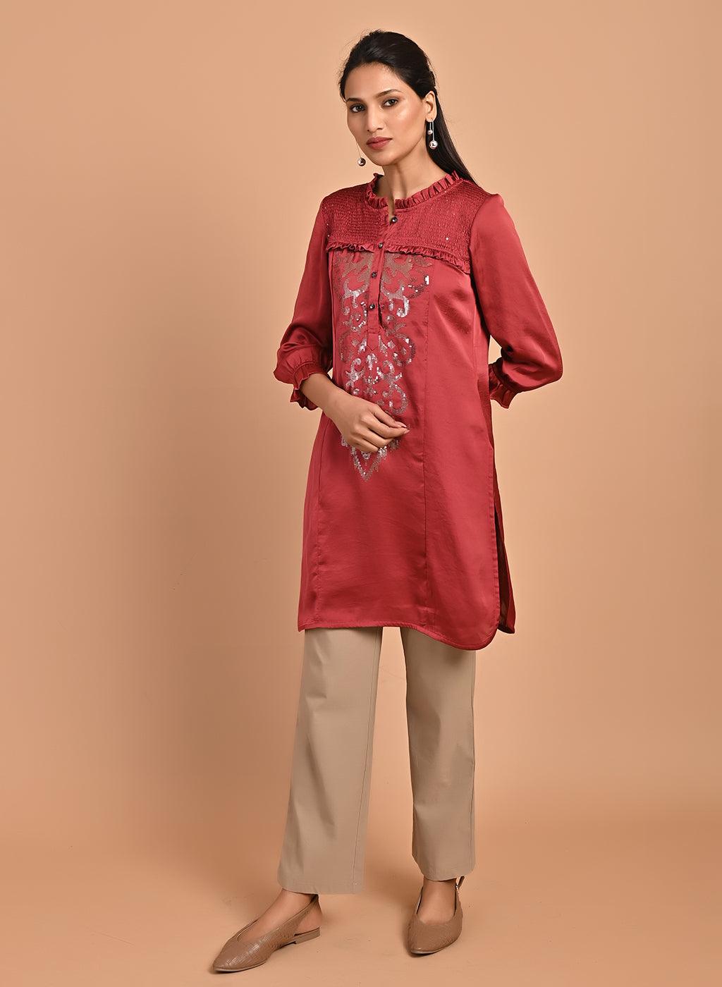 Red Satin Kurti with Sequin Work and Puff Sleeves - Lakshita