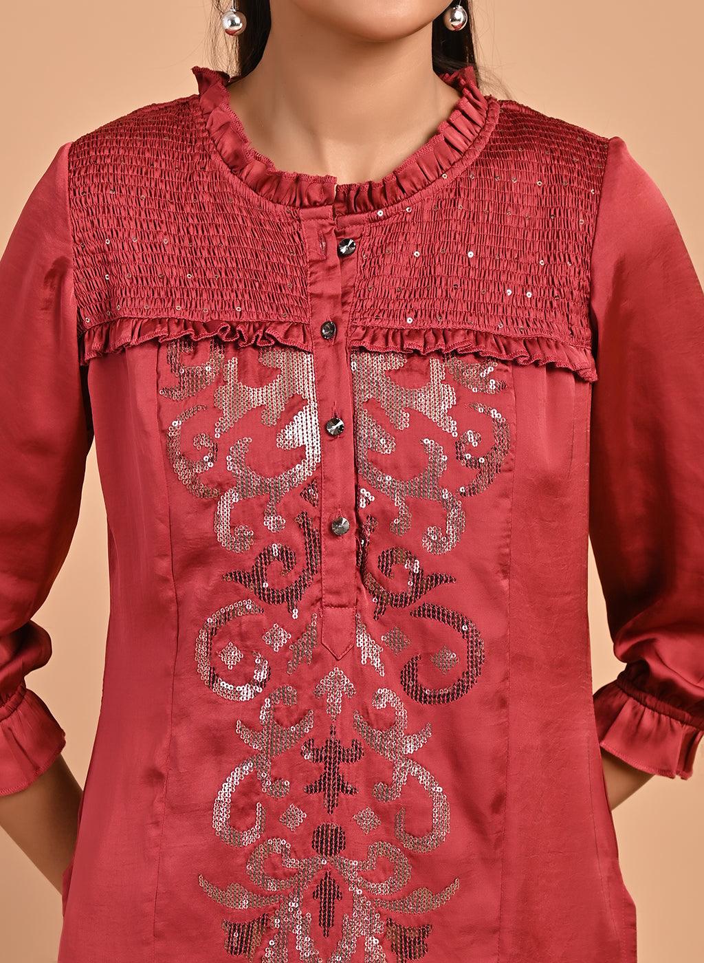 Red Satin Kurti with Sequin Work and Puff Sleeves - Lakshita