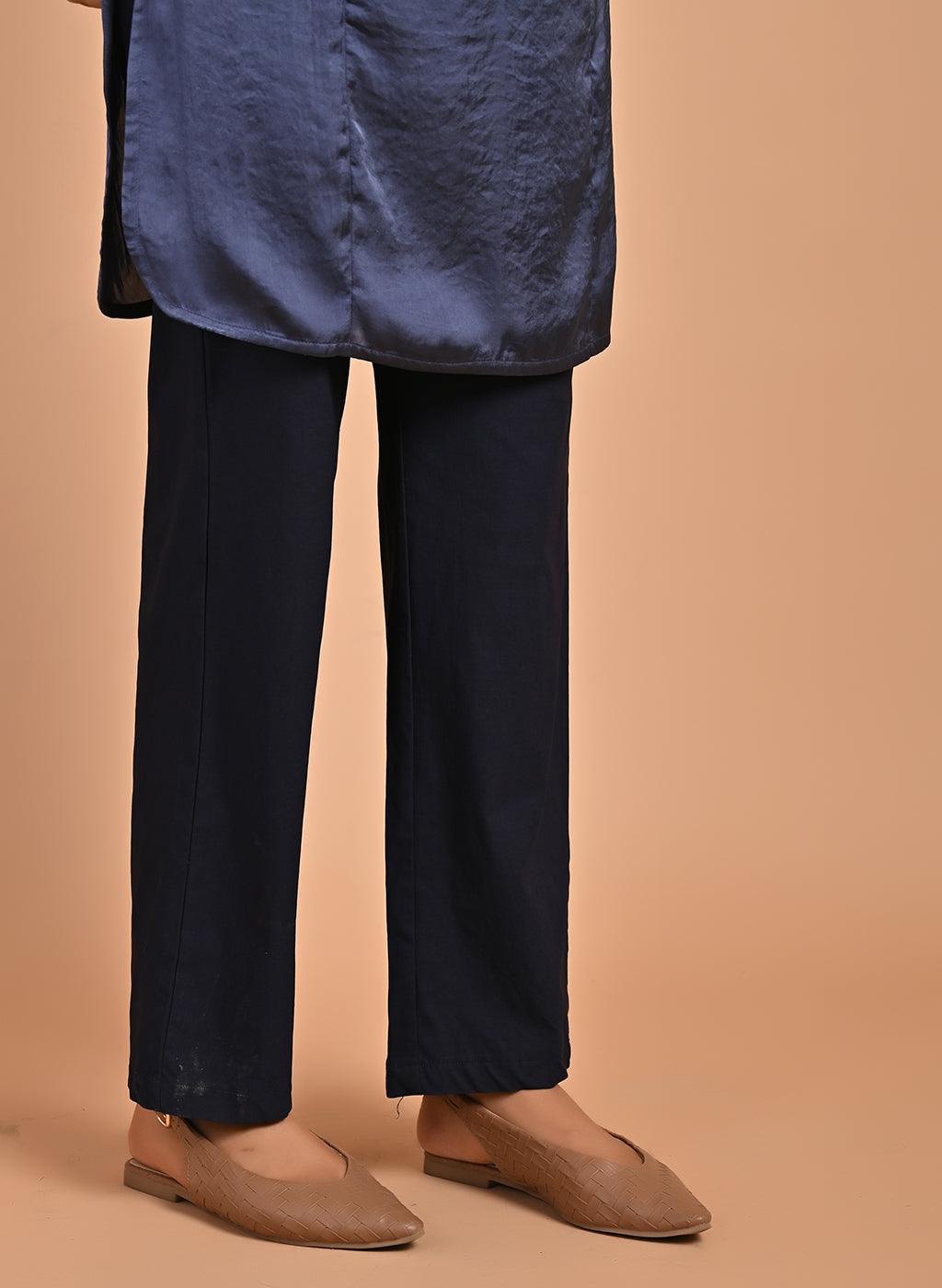 Navy Blue Satin Kurti with Sequin Work and Puff Sleeves - Lakshita