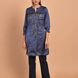 Navy Blue Satin Kurti with Sequin Work and Puff Sleeves - Lakshita