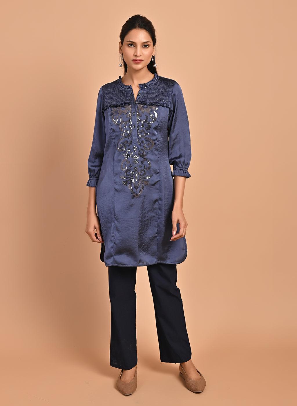 Navy Blue Satin Kurti with Sequin Work and Puff Sleeves - Lakshita