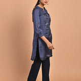 Navy Blue Satin Kurti with Sequin Work and Puff Sleeves - Lakshita