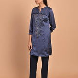 Navy Blue Satin Kurti with Sequin Work and Puff Sleeves - Lakshita
