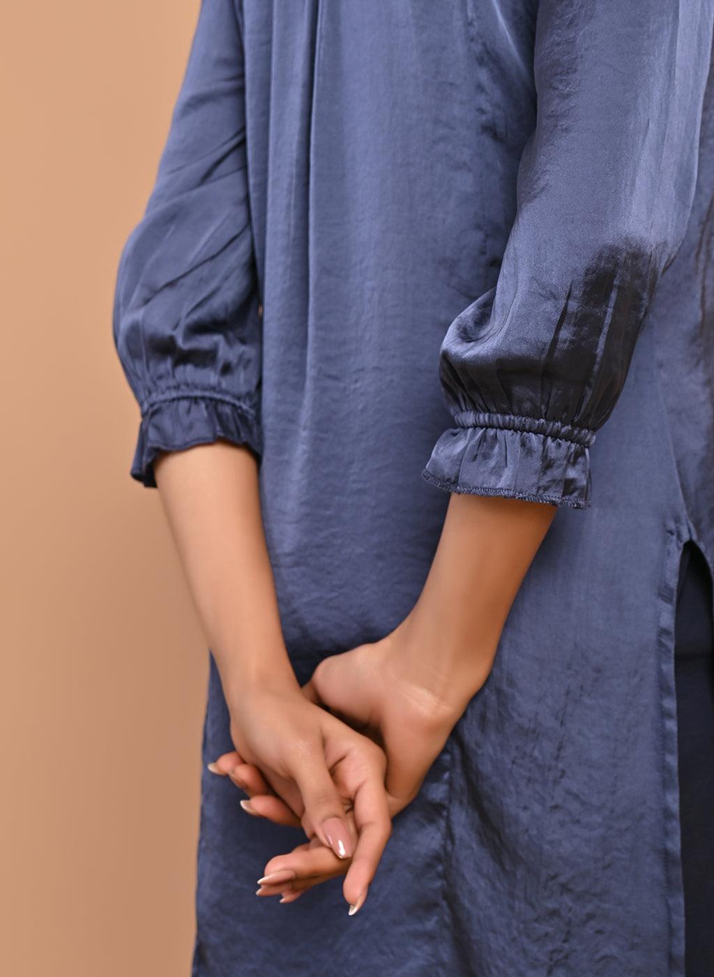 Navy Blue Satin Kurti with Sequin Work and Puff Sleeves - Lakshita