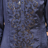 Navy Blue Satin Kurti with Sequin Work and Puff Sleeves - Lakshita