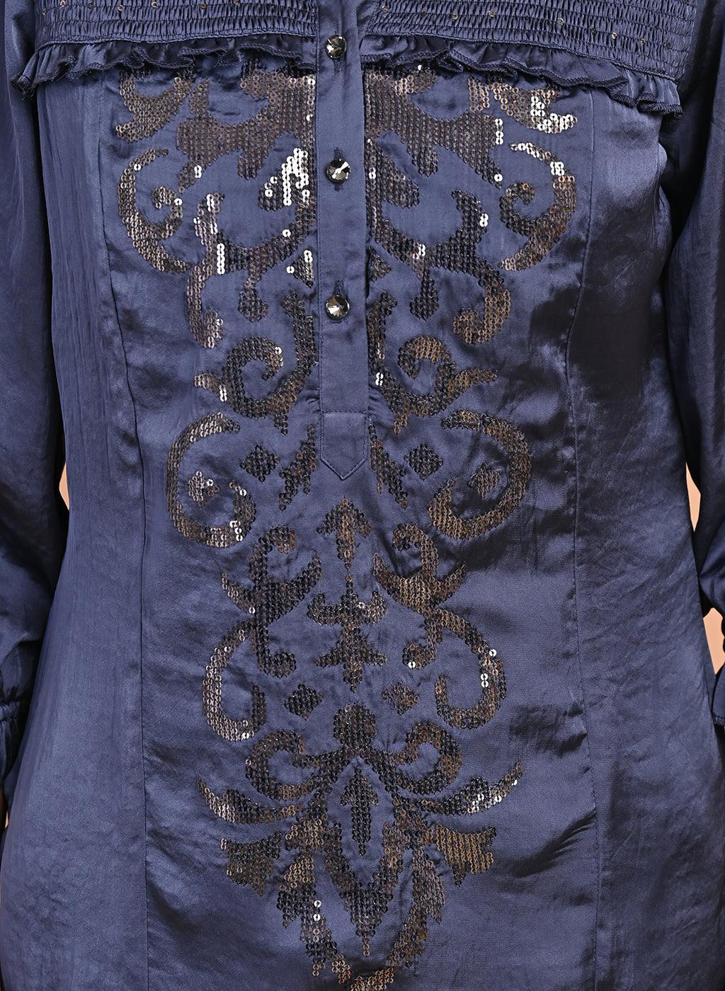 Navy Blue Satin Kurti with Sequin Work and Puff Sleeves - Lakshita