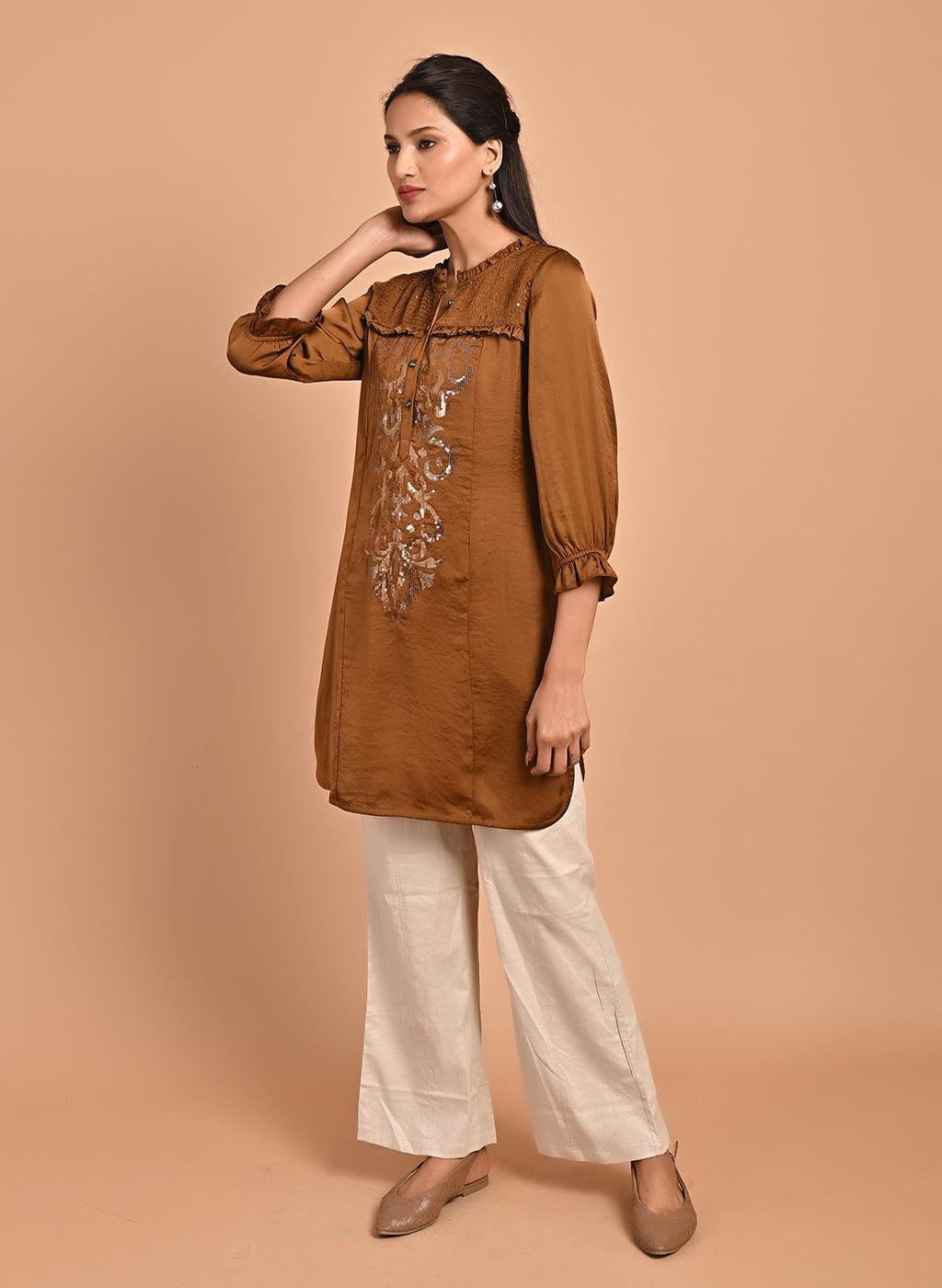 Gold Satin Kurti with Sequin Work and Puff Sleeves - Lakshita