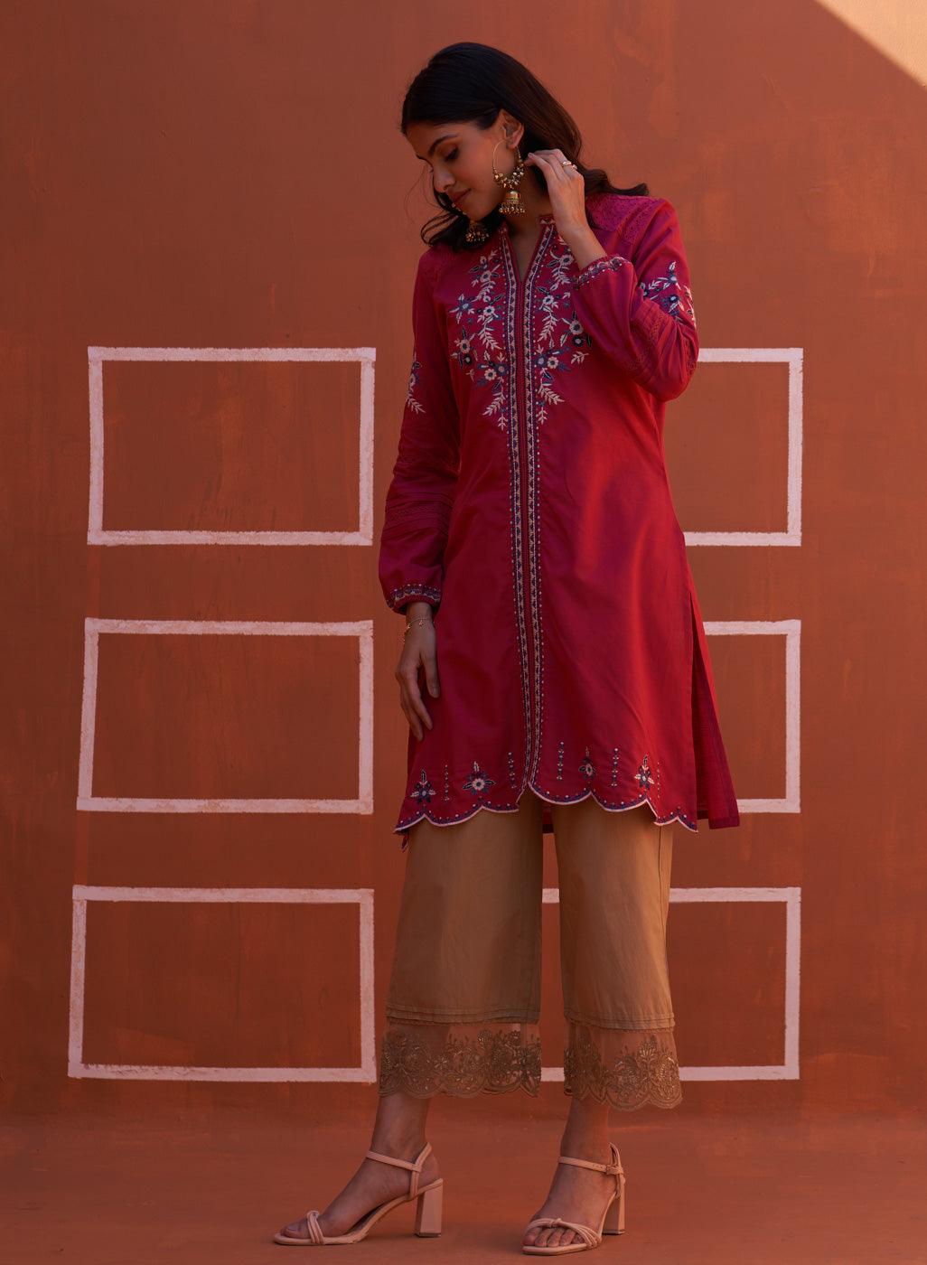 Pink Embroidered Kurta for Women with Puffed Sleeves - Lakshita